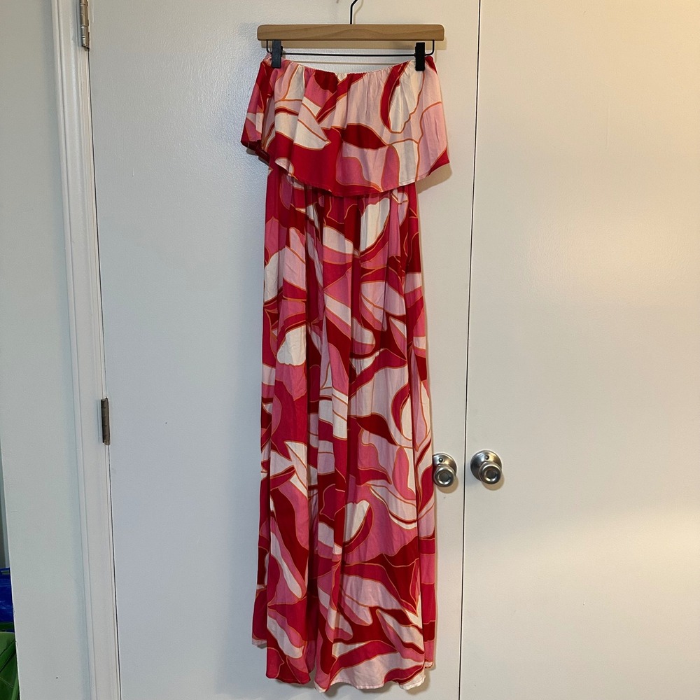 Japna | NWT Woman's Pink Red Abstract Floral Strapless Ruffle Maxi Dress, Size S